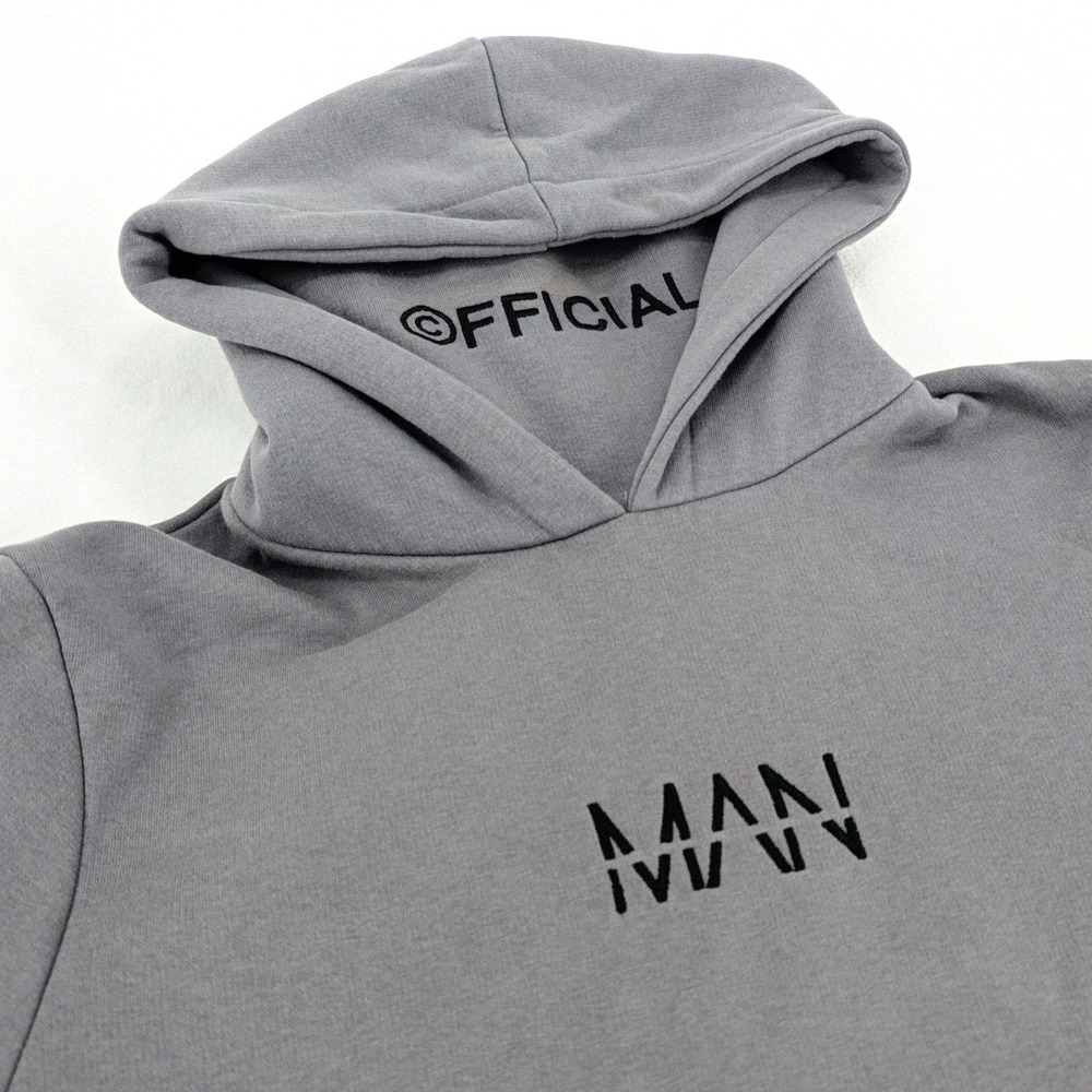 boohooMAN Official Logo Double Neck Gaiter Turtleneck Hoodie Grey Size L